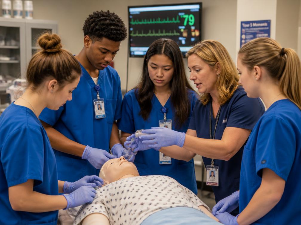 Students in scrubs practicing clinical skills with an advisor