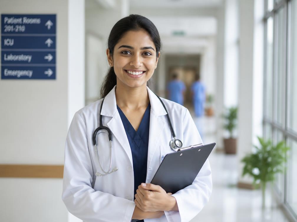Health science student in a white coat inside a hospital corridor